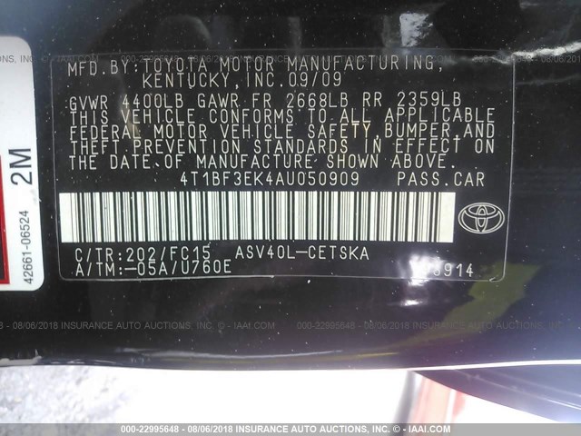 4T1BF3EK4AU050909 - 2010 TOYOTA CAMRY SE/LE/XLE BLACK photo 9