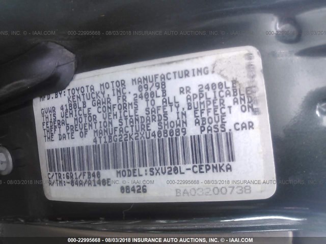 4T1BG22K2XU408089 - 1999 TOYOTA CAMRY CE/LE/XLE 绿色 照片 9