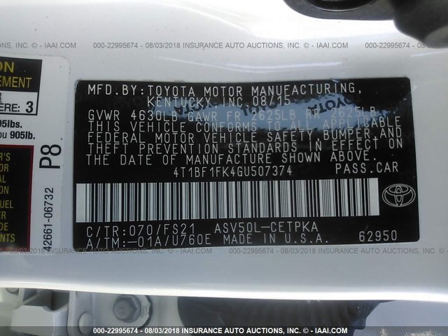 4T1BF1FK4GU507374 - 2016 TOYOTA CAMRY LE/XLE/SE/XSE WHITE photo 9