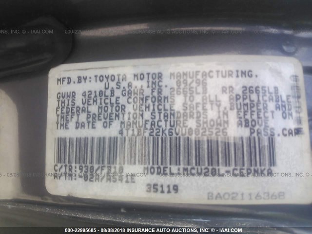 4T1BF22K6VU002526 - 1997 TOYOTA CAMRY CE/LE/XLE 绿色 照片 9