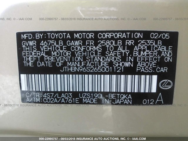 JTHBN96S265001121 - 2006 LEXUS GS GENERATION 200 430 GOLD photo 9