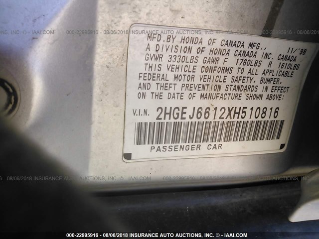 2HGEJ6612XH510816 - 1999 HONDA CIVIC SE SILVER photo 9