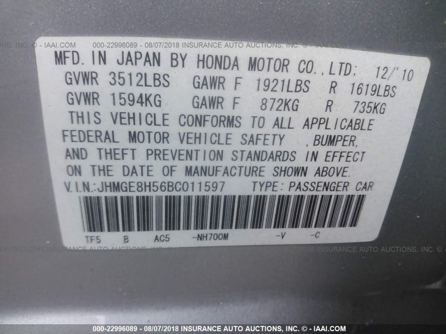 JHMGE8H56BC011597 - 2011 HONDA FIT SPORT SILVER photo 9