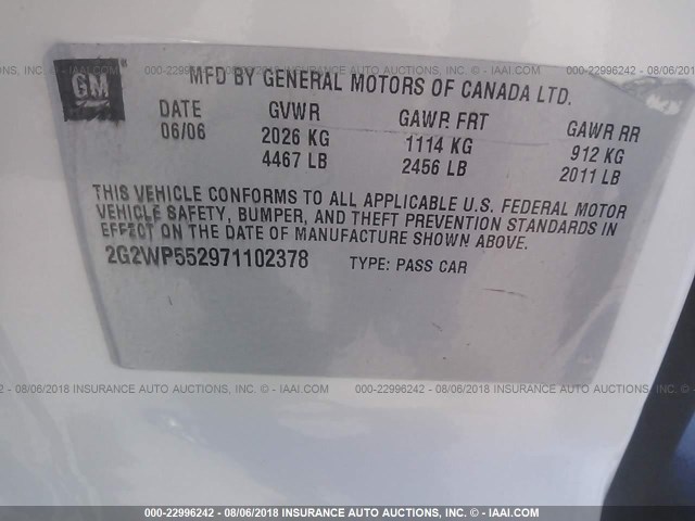 2G2WP552971102378 - 2007 PONTIAC GRAND PRIX WHITE photo 9