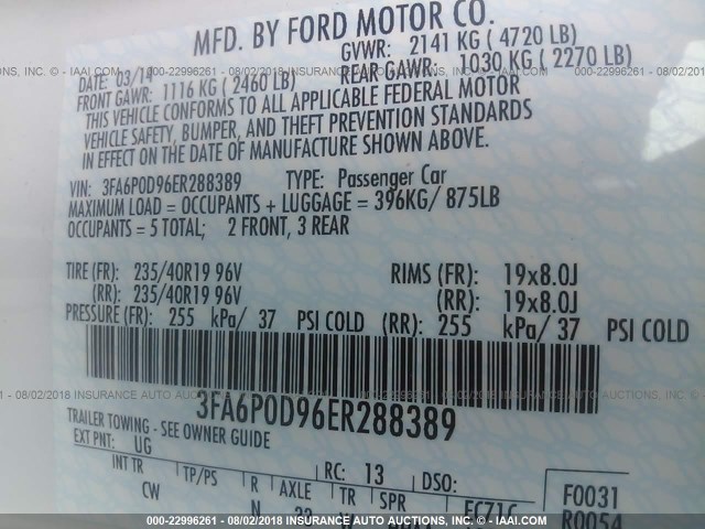 3FA6P0D96ER288389 - 2014 FORD FUSION TITANIUM WHITE photo 9