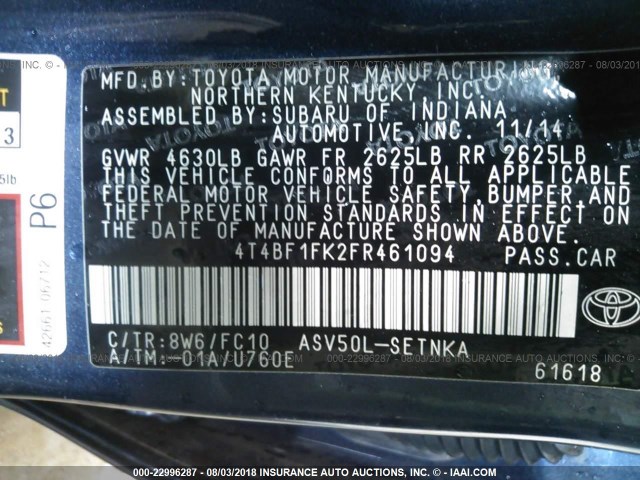 4T4BF1FK2FR461094 - 2015 TOYOTA CAMRY LE/XLE/SE/XSE Dark Blue photo 9