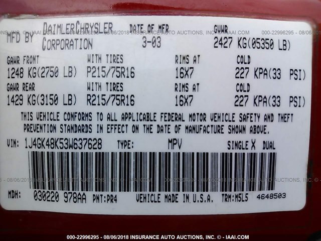 1J4GK48K53W637628 - 2003 JEEP LIBERTY SPORT/FREEDOM წითელი ფოტო 9