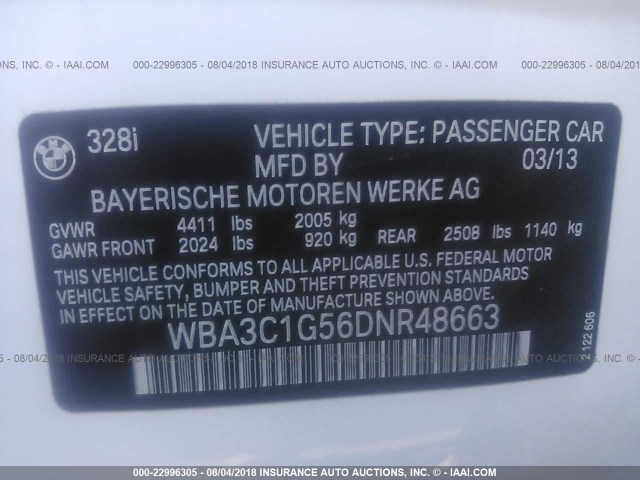 WBA3C1G56DNR48663 - 2013 BMW 328 I SULEV WHITE photo 9