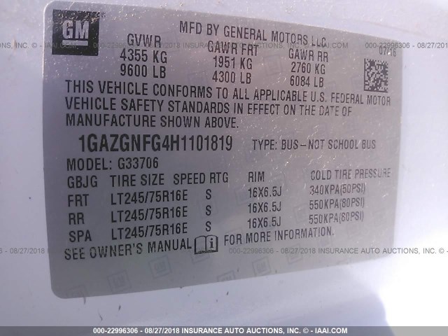 1GAZGNFG4H1101819 - 2017 CHEVROLET EXPRESS G3500 LS 白色 照片 9