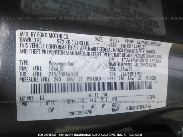 1FAHP3F2XCL156905 - 2012 FORD FOCUS SE 灰色 照片 9