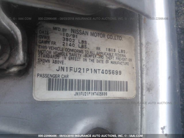 JN1FU21P1NT405699 - 1992 NISSAN STANZA Light Blue photo 9