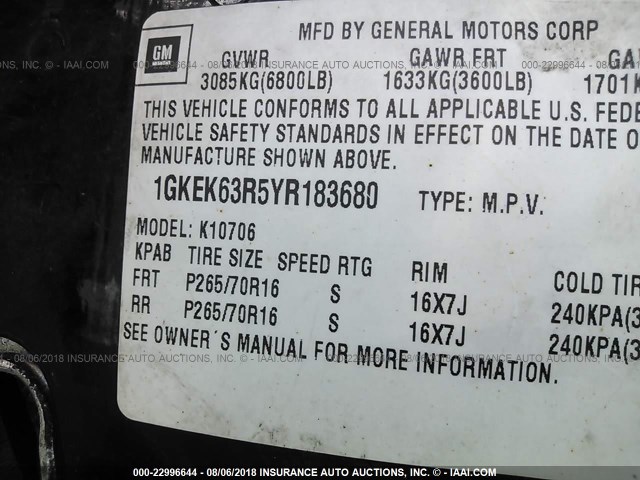 1GKEX63R5YR183680 - 2000 GMC DENALI BLACK photo 9