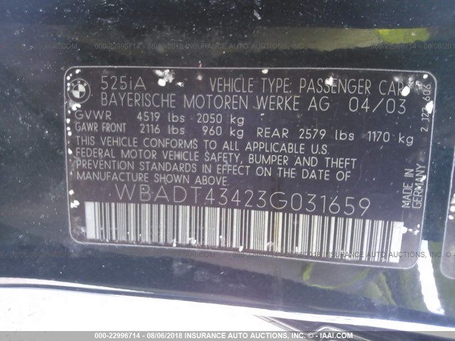 WBADT43423G031659 - 2003 BMW 525 I AUTOMATIC GREEN photo 9