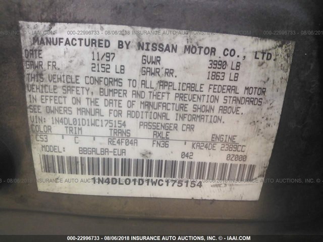 1N4DL01D1WC175154 - 1998 NISSAN ALTIMA XE/GXE/SE/GLE Pewter photo 9