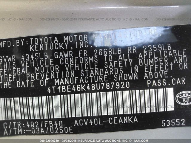 4T1BE46K48U787920 - 2008 TOYOTA CAMRY CE/LE/XLE/SE GOLD photo 9