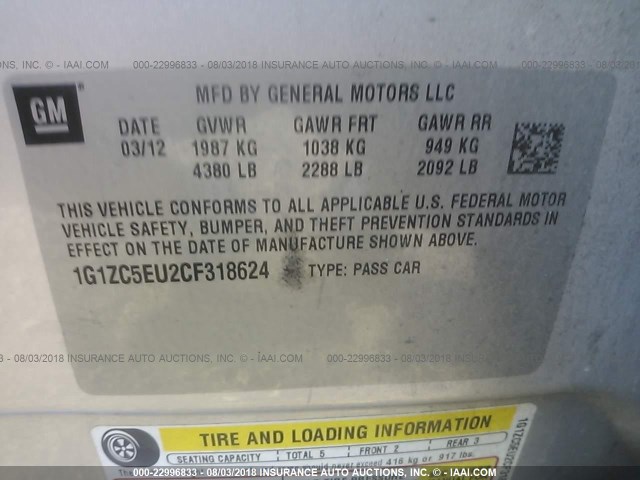 1G1ZC5EU2CF318624 - 2012 CHEVROLET MALIBU 1LT ვერცხლისფერი ფოტო 9