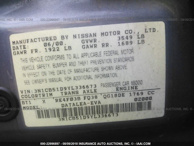 3N1CB51D9YL336673 - 2000 NISSAN SENTRA XE/GXE BLUE photo 9