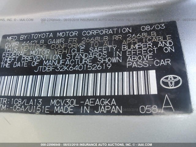 JTDBF32K640152619 - 2004 TOYOTA CAMRY LE/XLE 银色 照片 9