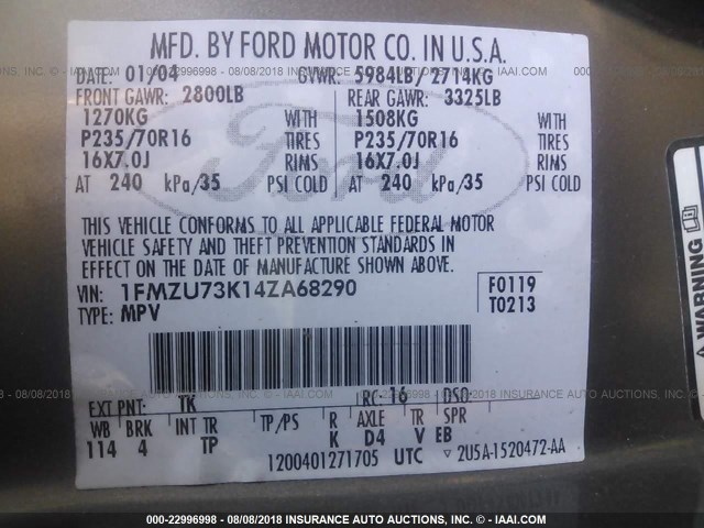 1FMZU73K14ZA68290 - 2004 FORD EXPLORER XLT/XLT SPORT/NBX 灰色 照片 9