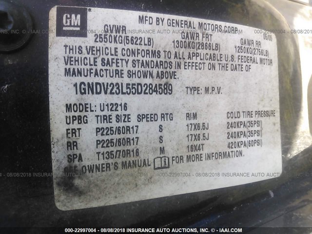 1GNDV23L55D284589 - 2005 CHEVROLET UPLANDER LS 蓝色 照片 9