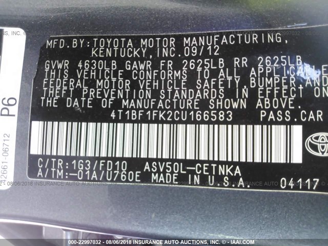 4T1BF1FK2CU166583 - 2012 TOYOTA CAMRY SE/LE/XLE BLACK photo 9