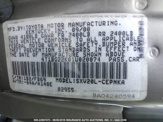4T1BG22K01U020074 - 2001 TOYOTA CAMRY CE/LE/XLE 银色 照片 9