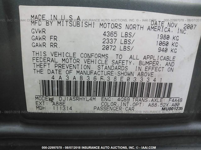 4A3AB36F38E033341 - 2008 MITSUBISHI GALANT ES Boz foto 9