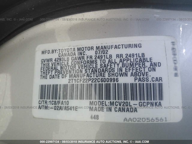 2T1CF22P22C600996 - 2002 TOYOTA CAMRY SOLARA SE/SLE ვერცხლისფერი ფოტო 9