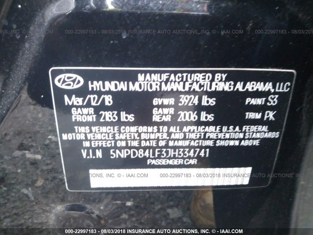 5NPD84LF3JH334741 - 2018 HYUNDAI ELANTRA SEL/VALUE/LIMITED BLACK photo 9