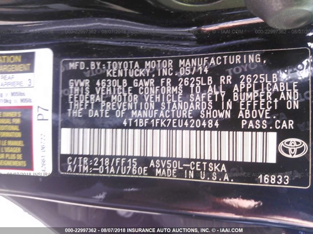 4T1BF1FK7EU420484 - 2014 TOYOTA CAMRY L/SE/LE/XLE შავი ფოტო 9