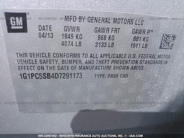 1G1PC5SB4D7291173 - 2013 CHEVROLET CRUZE LT SILVER photo 9