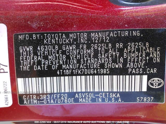 4T1BF1FK7DU641985 - 2013 TOYOTA CAMRY L/SE/LE/XLE 红色 照片 9