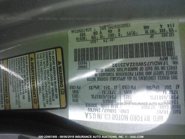 1FMDU75W03ZA25102 - 2003 FORD EXPLORER LIMITED 银色 照片 9