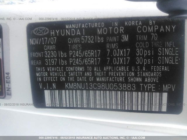 KM8NU13C98U053883 - 2008 HYUNDAI VERACRUZ GLS/SE/LIMITED WHITE photo 9