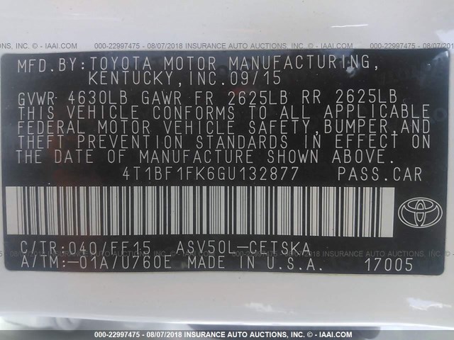 4T1BF1FK6GU132877 - 2016 TOYOTA CAMRY LE/XLE/SE/XSE WHITE photo 9