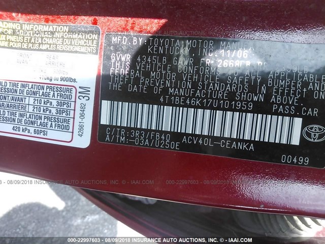 4T1BE46K17U101959 - 2007 TOYOTA CAMRY NEW GENERAT CE/LE/XLE/SE RED photo 9