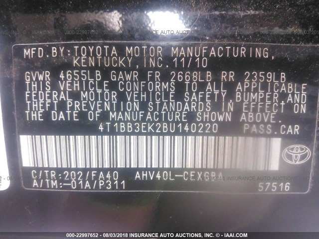 4T1BB3EK2BU140220 - 2011 TOYOTA CAMRY HYBRID BLACK photo 9