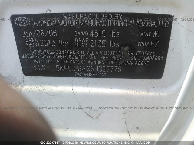 5NPEU46FX6H097779 - 2006 HYUNDAI SONATA GLS/LX WHITE photo 9