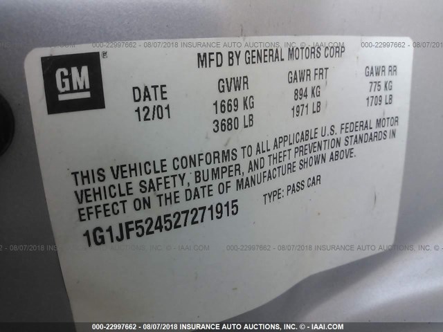 1G1JF524527271915 - 2002 CHEVROLET CAVALIER LS SILVER photo 9