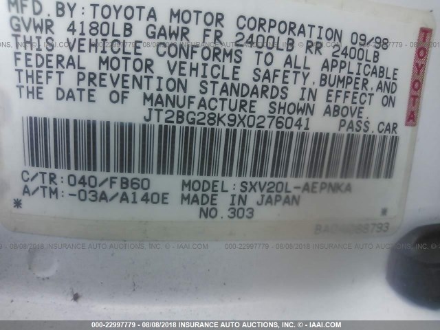 JT2BG28K9X0276041 - 1999 TOYOTA CAMRY LE/XLE WHITE photo 9