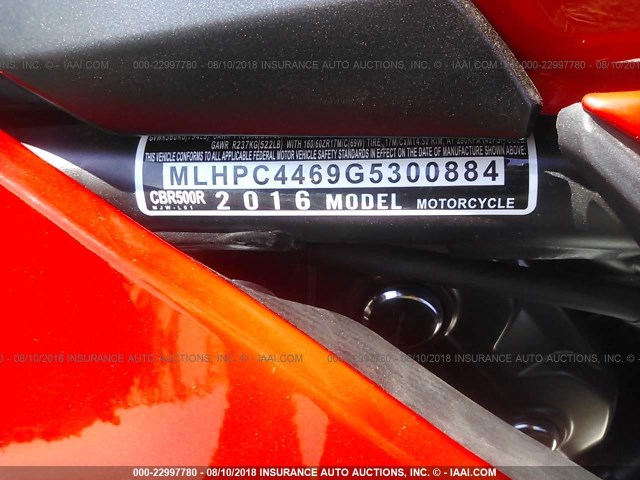 MLHPC4469G5300884 - 2016 HONDA CBR500 R RED photo 10