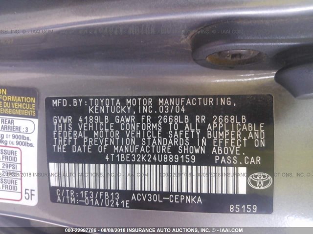 4T1BE32K24U889159 - 2004 TOYOTA CAMRY LE/XLE/SE ნაცრისფერი ფოტო 9