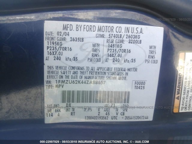 1FMZU62K44ZA88657 - 2004 FORD EXPLORER XLS/XLS SPORT BLUE photo 9