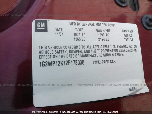 1G2WP12K12F173038 - 2002 PONTIAC GRAND PRIX GT RED photo 9