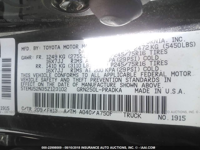 5TEMU52N35Z123102 - 2005 TOYOTA TACOMA DOUBLE CAB LONG BED BLACK photo 9