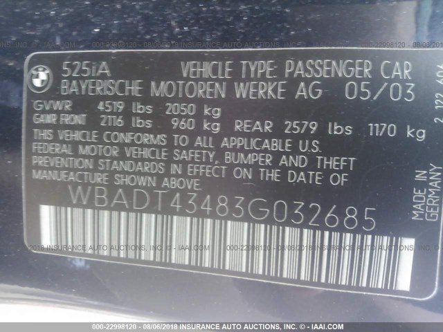 WBADT43483G032685 - 2003 BMW 525 I AUTOMATIC Dark Blue photo 9