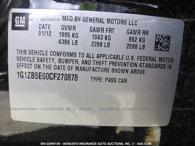 1G1ZB5E00CF270878 - 2012 CHEVROLET MALIBU LS შავი ფოტო 9