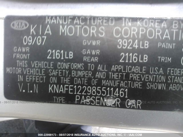 KNAFE122985511461 - 2008 KIA SPECTRA EX/LX/SX SILVER photo 9