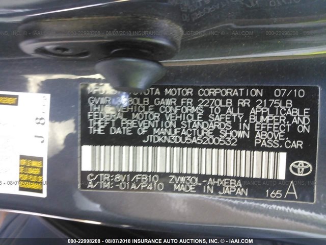 JTDKN3DU5A5200532 - 2010 TOYOTA PRIUS ნაცრისფერი ფოტო 9