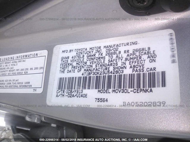 4T1BF30K23U542803 - 2003 TOYOTA CAMRY LE/XLE/SE Gümüş foto 9